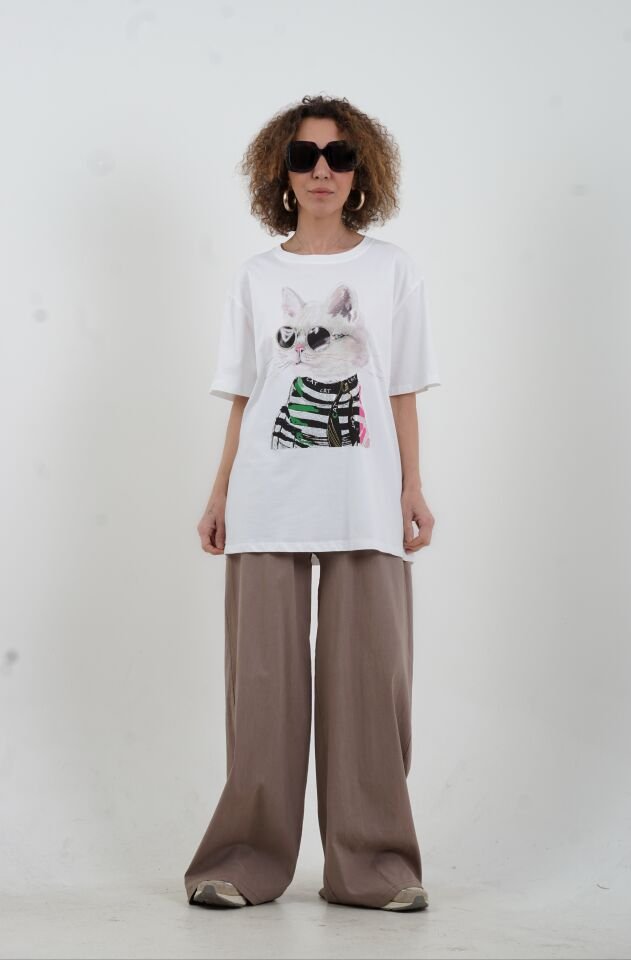 Beyaz Kedi Taşlı Tshirt