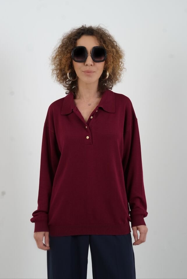 Bordo Gold Düğmeli Polo Yaka Kazak