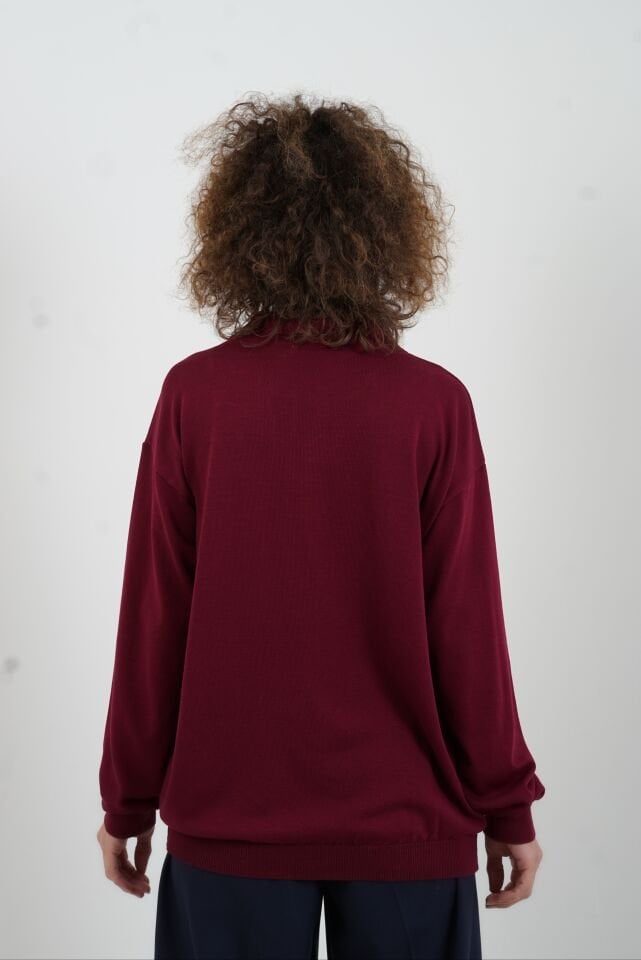 Bordo Gold Düğmeli Polo Yaka Kazak