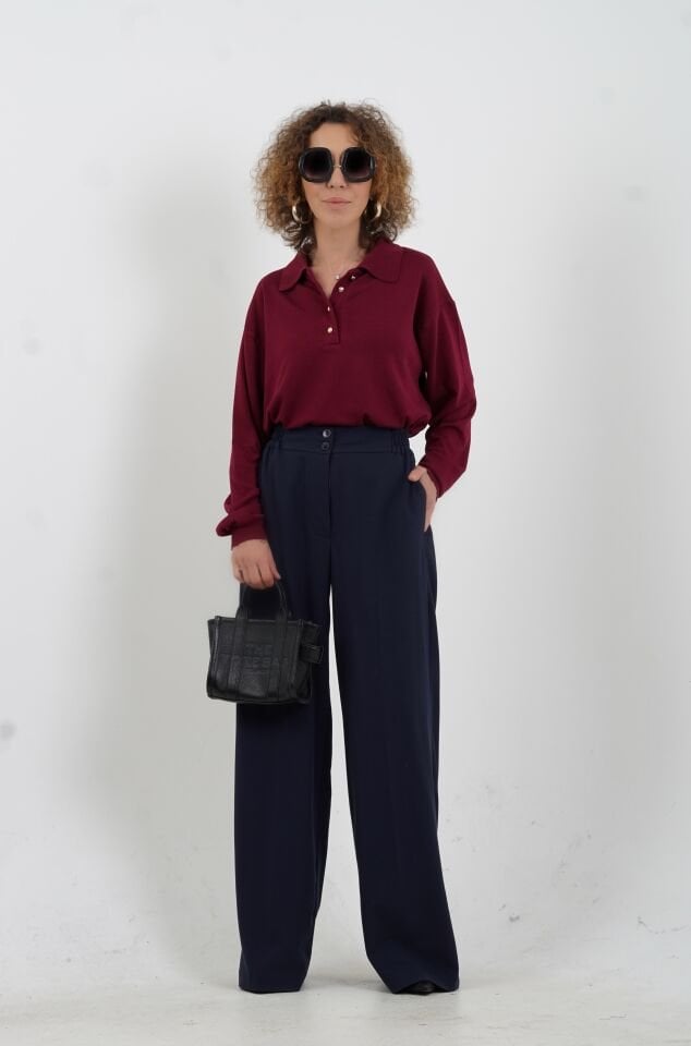 Bordo Gold Düğmeli Polo Yaka Kazak