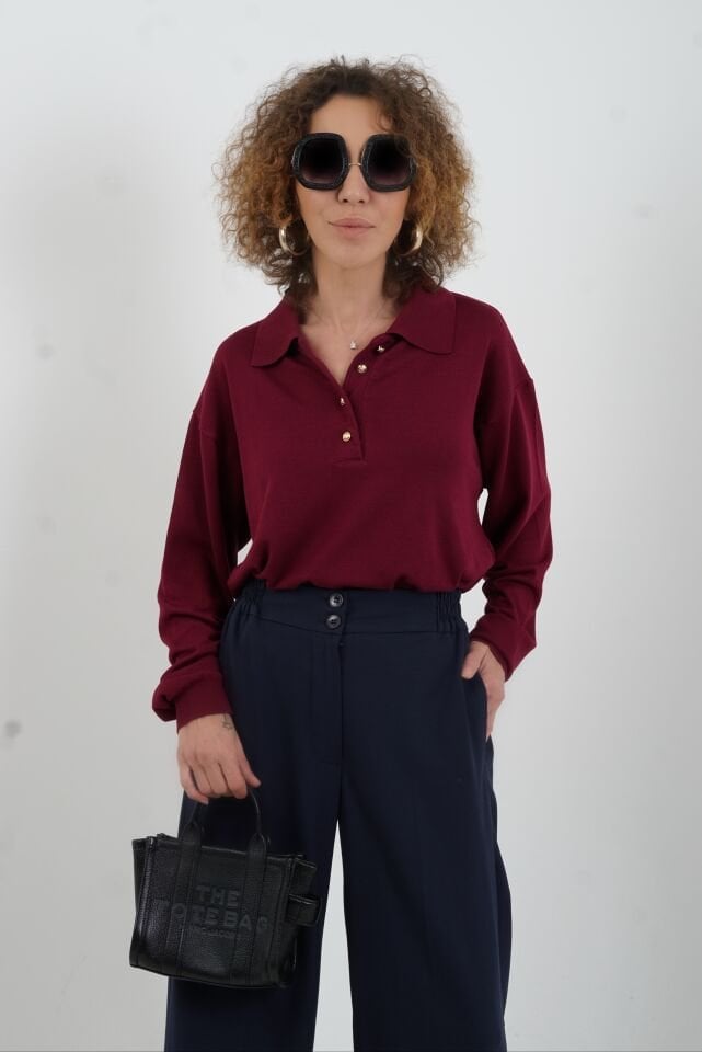 Bordo Gold Düğmeli Polo Yaka Kazak