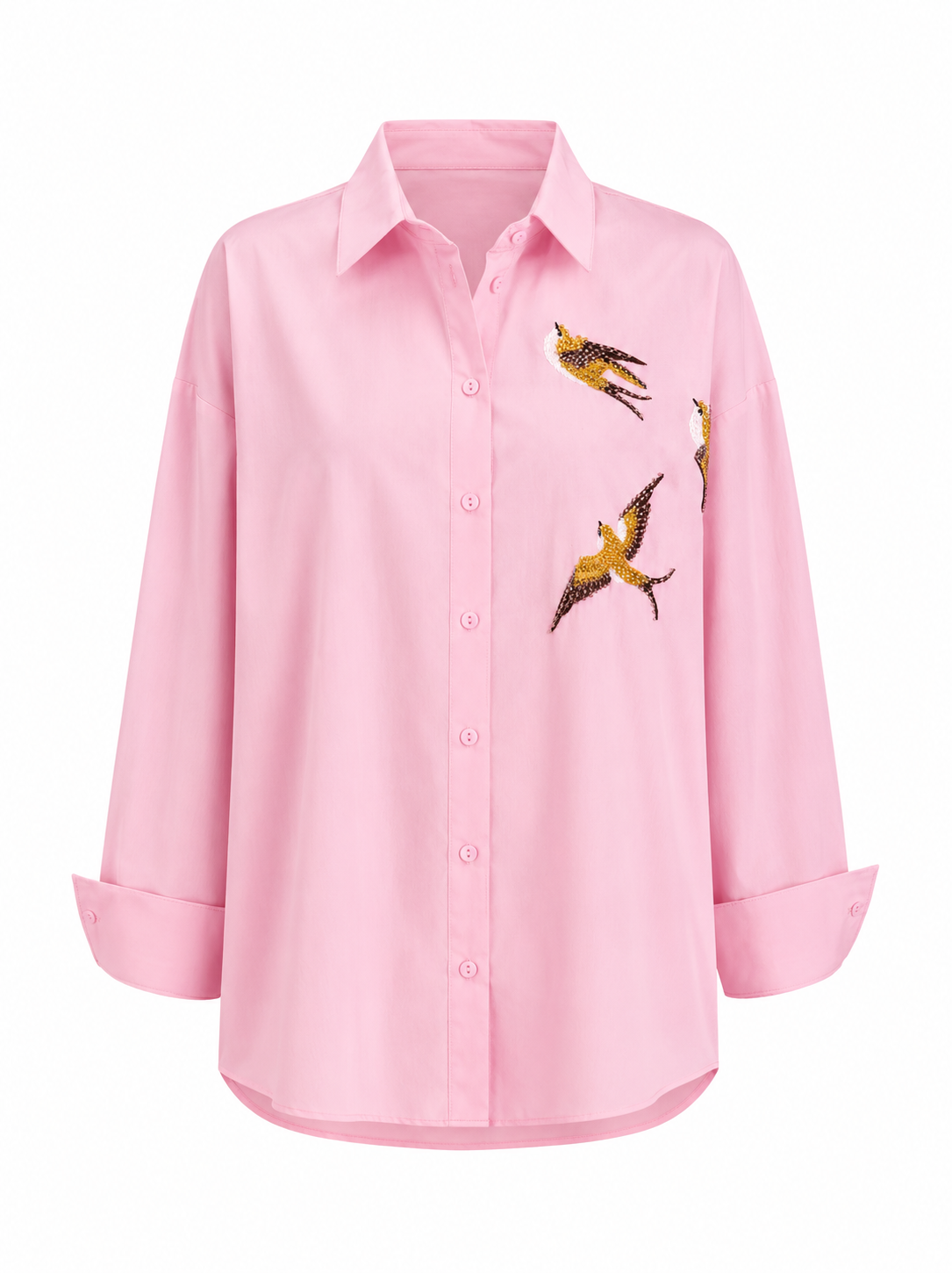 Pembe Kuş Nakışlı Gömlek