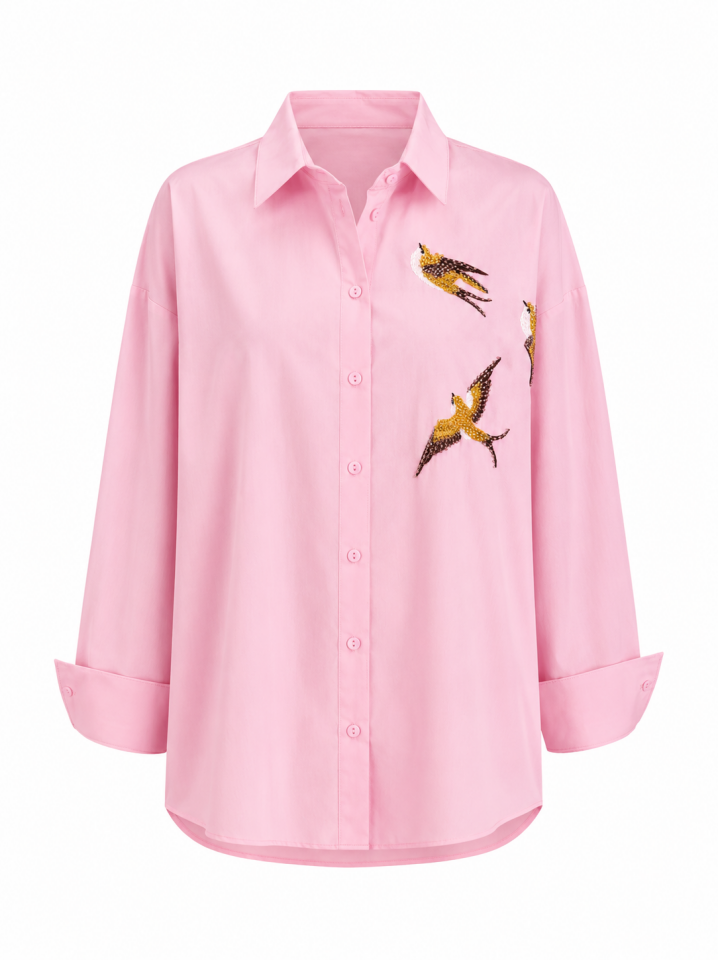 Pembe Kuş Nakışlı Gömlek