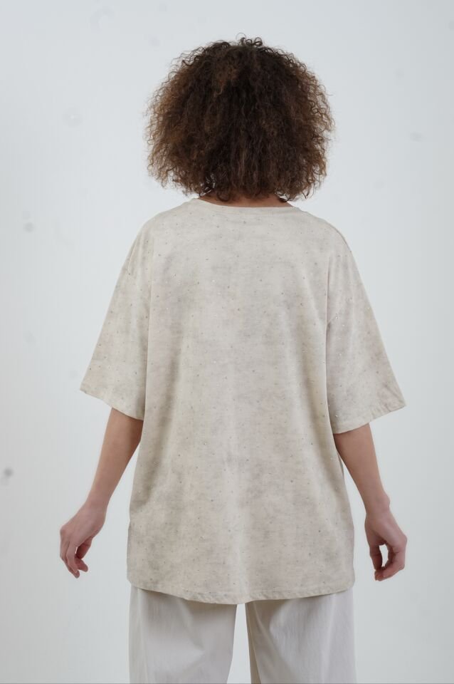 Krem Taşlı Yıkamalı Tshirt