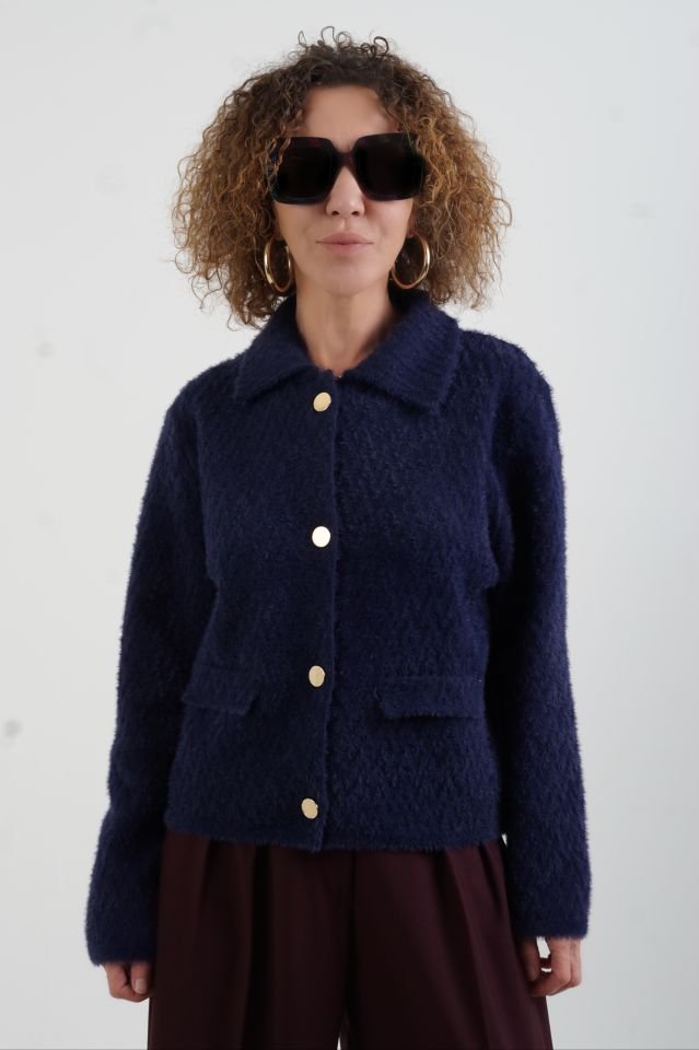 Lacivert Premium Tona Ton Desenli Triko Ceket