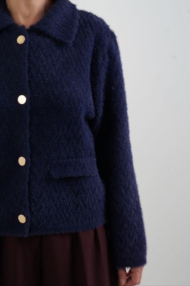 Lacivert Premium Tona Ton Desenli Triko Ceket