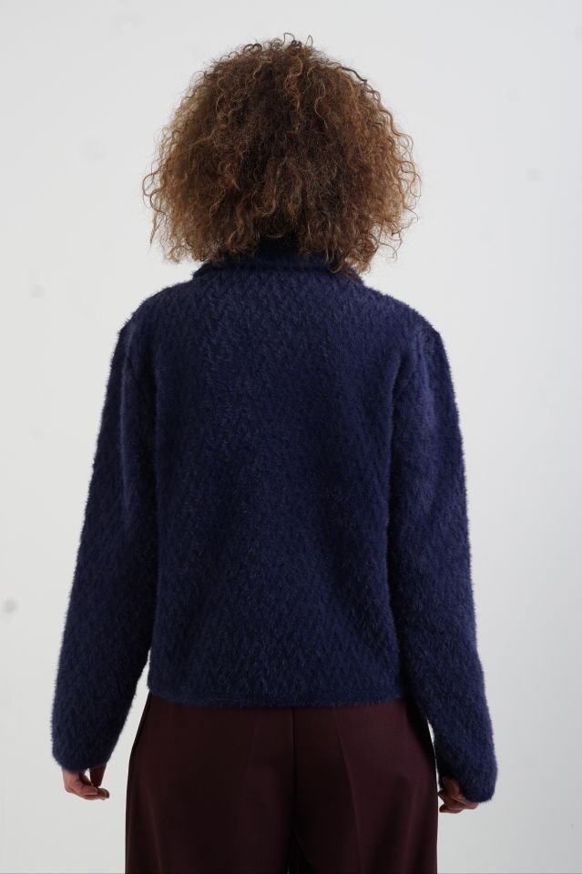 Lacivert Premium Tona Ton Desenli Triko Ceket