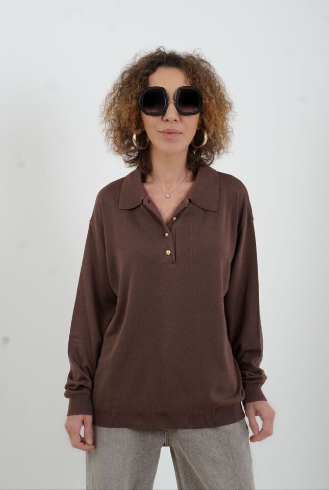 Kahve Gold Düğmeli Polo Yaka Kazak