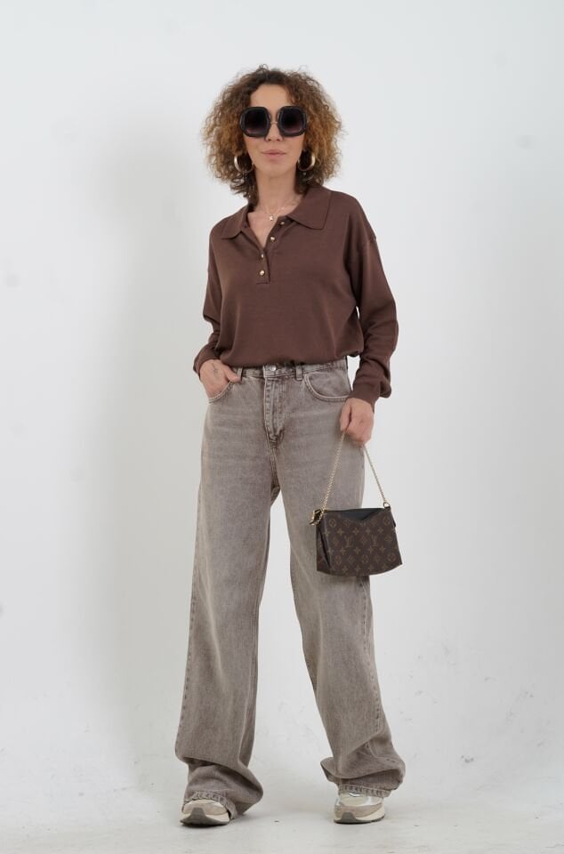 Kahve Gold Düğmeli Polo Yaka Kazak