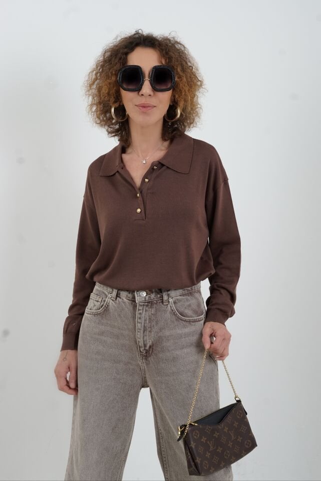 Kahve Gold Düğmeli Polo Yaka Kazak