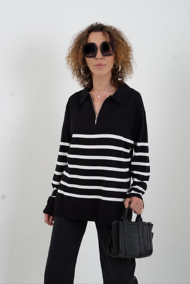 Siyah Çizgili Fermuarlı Polo Yaka Kazak
