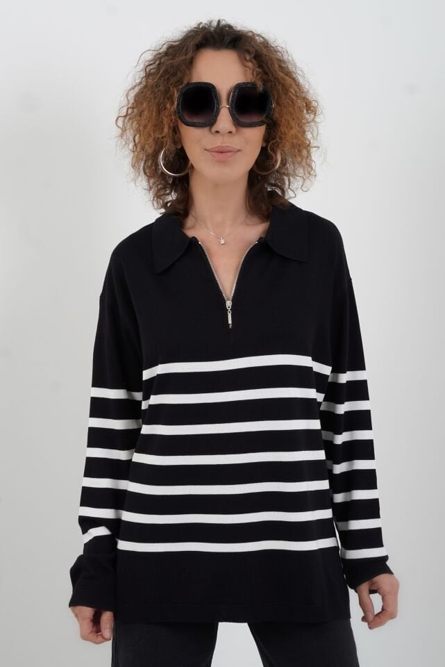 Siyah Çizgili Fermuarlı Polo Yaka Kazak