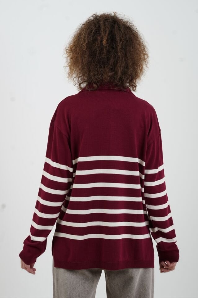 Bordo Çizgili Fermuarlı Polo Yaka Kazak