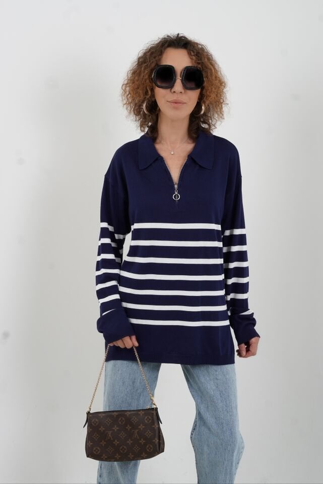 Lacivert Çizgili Fermuarlı Polo Yaka Kazak