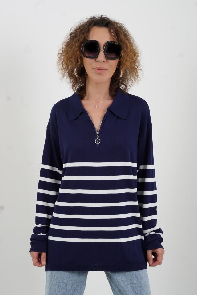 Lacivert Çizgili Fermuarlı Polo Yaka Kazak