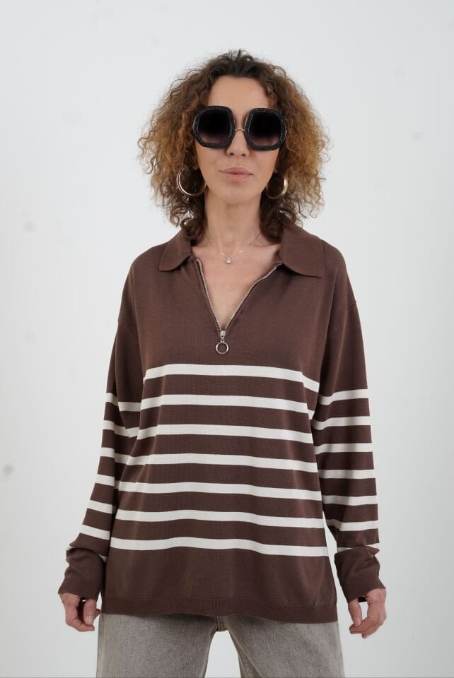 Kahve Çizgili Fermuarlı Polo Yaka Kazak