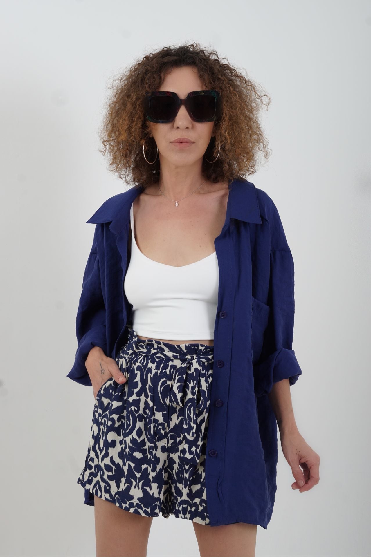 Lacivert Omzu Düşük Oversize Gömlek