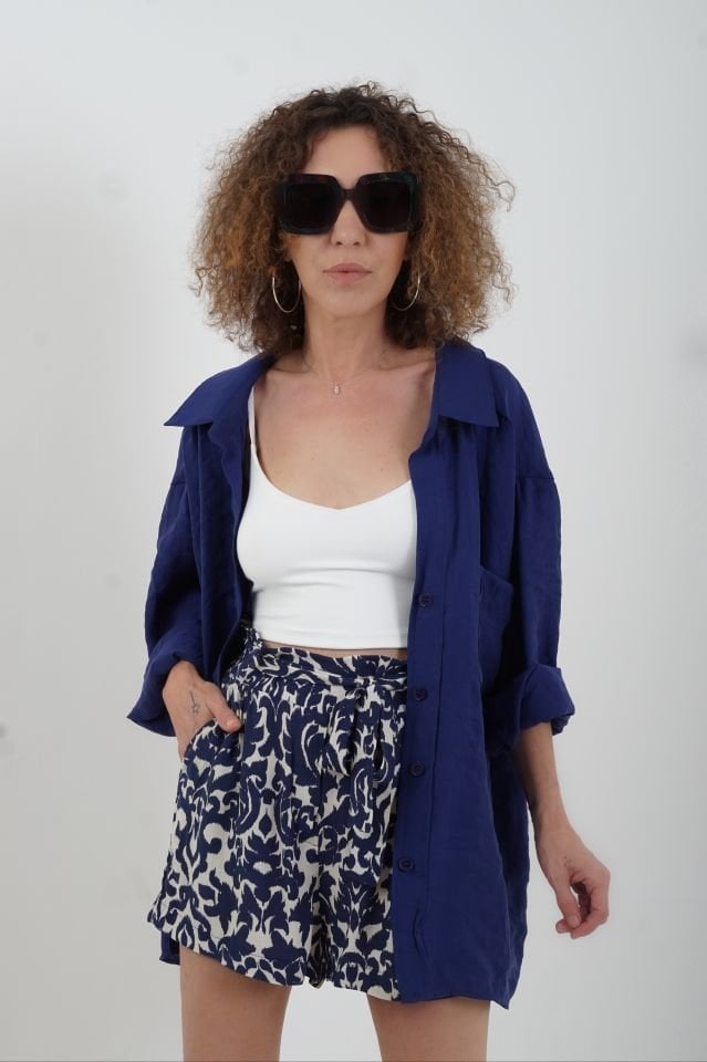 Lacivert Omzu Düşük Oversize Gömlek