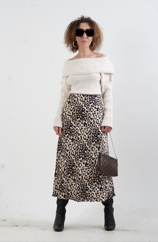 Bej Leopar Desen Saten Verev Etek