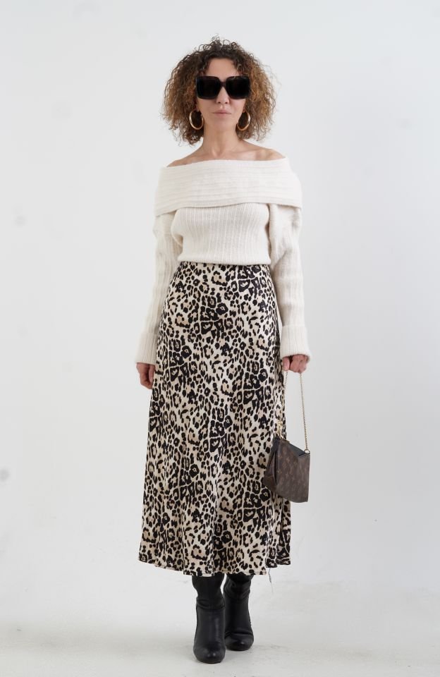 Bej Leopar Desen Saten Verev Etek