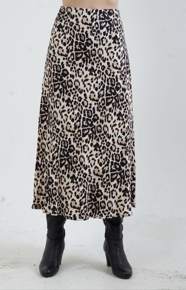 Bej Leopar Desen Saten Verev Etek