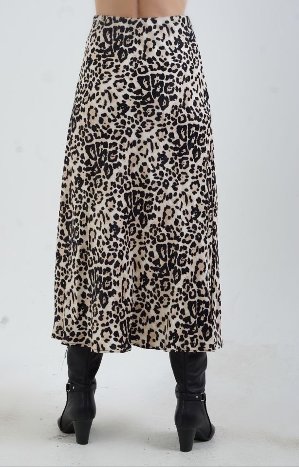 Bej Leopar Desen Saten Verev Etek