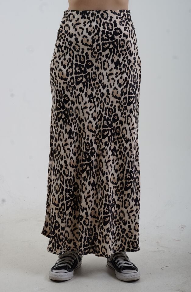 Bej Leopar Desen Saten Verev Etek