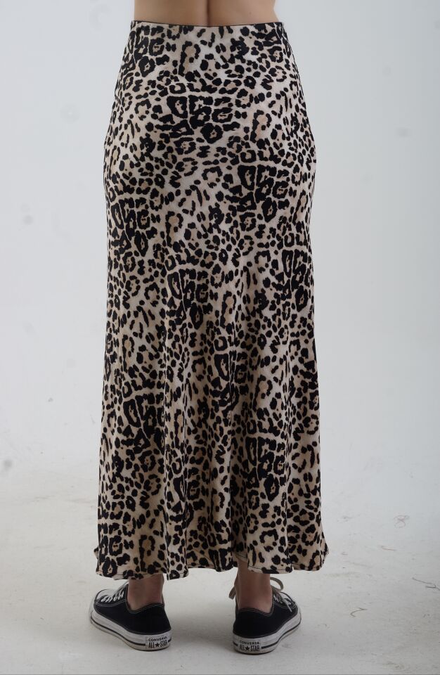 Bej Leopar Desen Saten Verev Etek