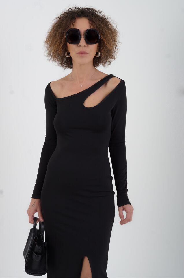 Siyah Yaka Pencereli Maxi Elbise