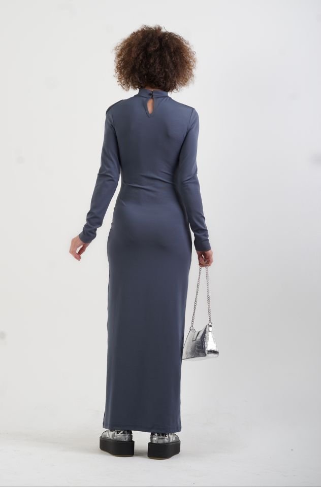 Füme Dik Yaka Önü Pencereli Maxi Elbise