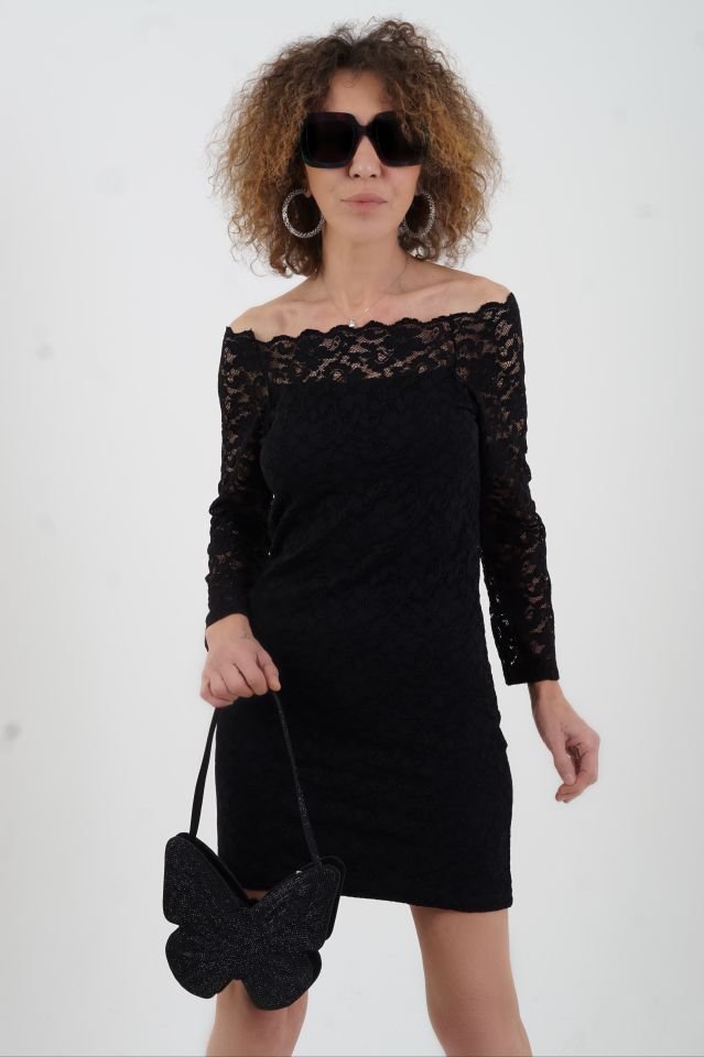 Dantel Madonna Yakalı Elbise SİYAH - M