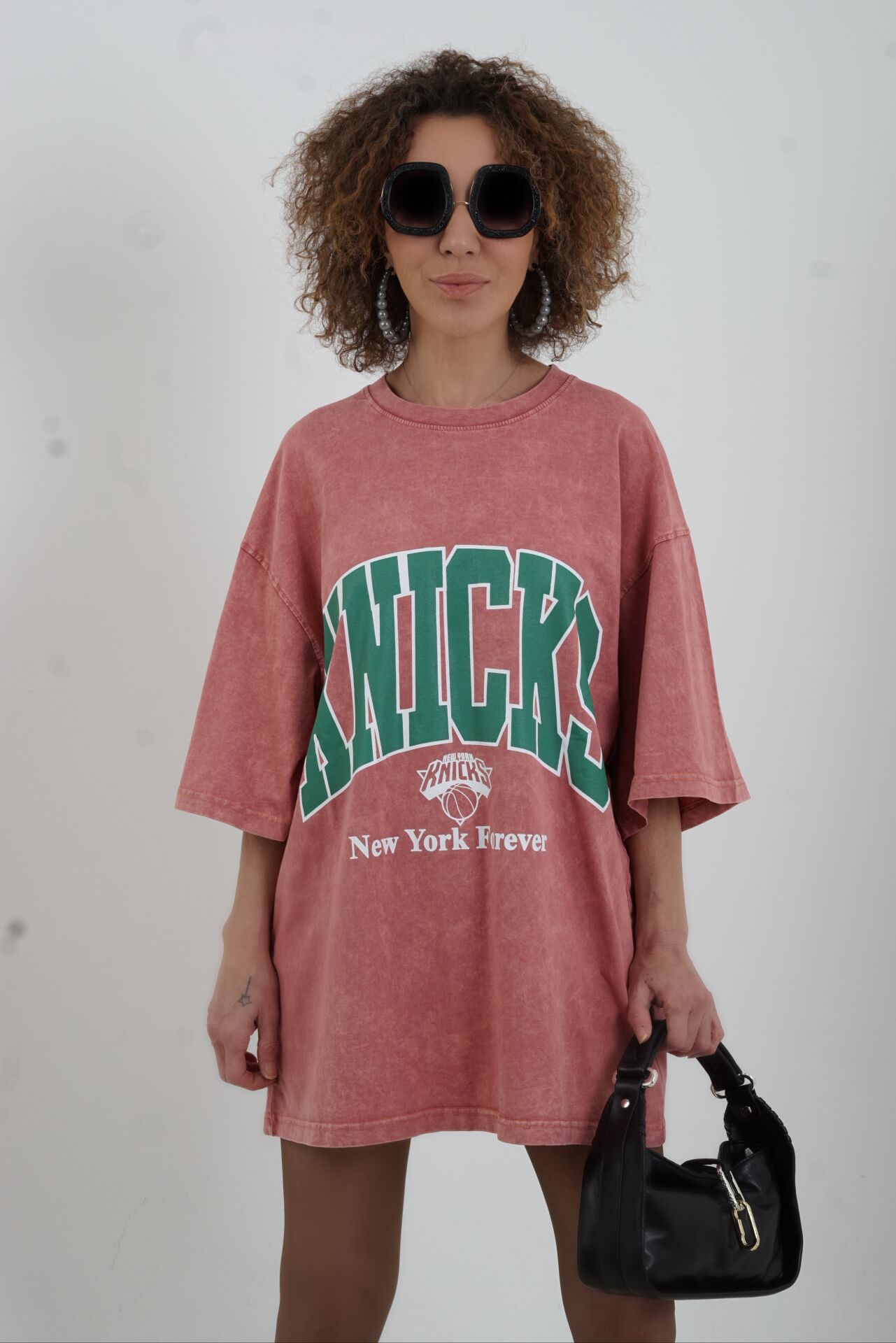 Kiremit Knicks Baskılı Soluk Efektli Oversize Tshirt