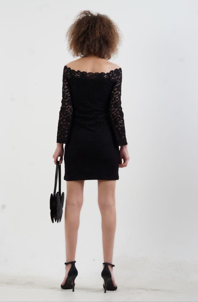 Dantel Madonna Yakalı Elbise SİYAH - XL