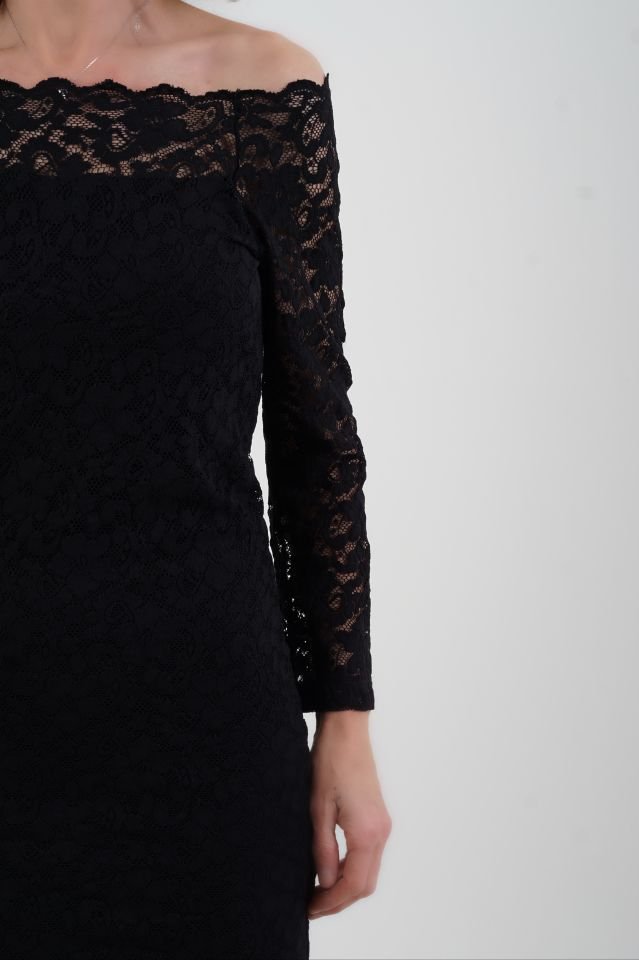 Dantel Madonna Yakalı Elbise SİYAH - XL