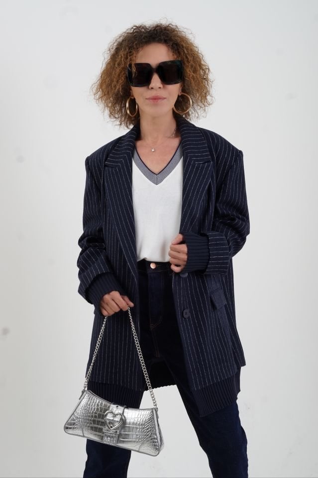 Lacivert Triko Detaylı Oversize Blazer Ceket