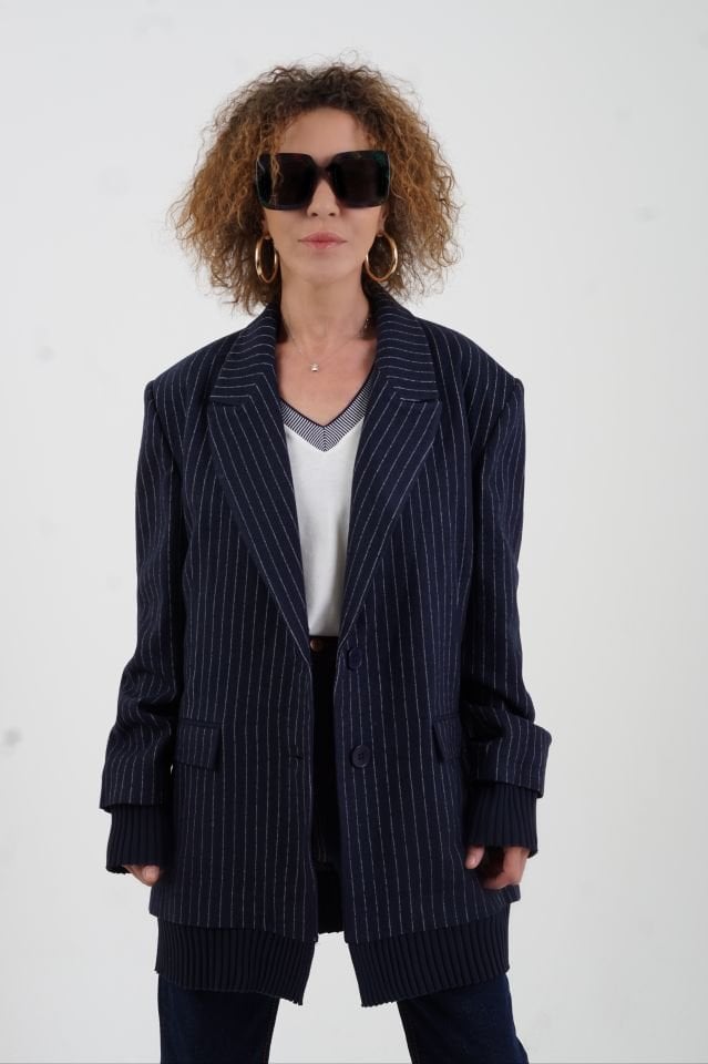 Lacivert Triko Detaylı Oversize Blazer Ceket