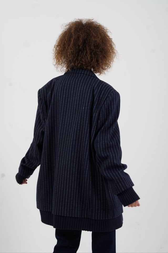 Lacivert Triko Detaylı Oversize Blazer Ceket