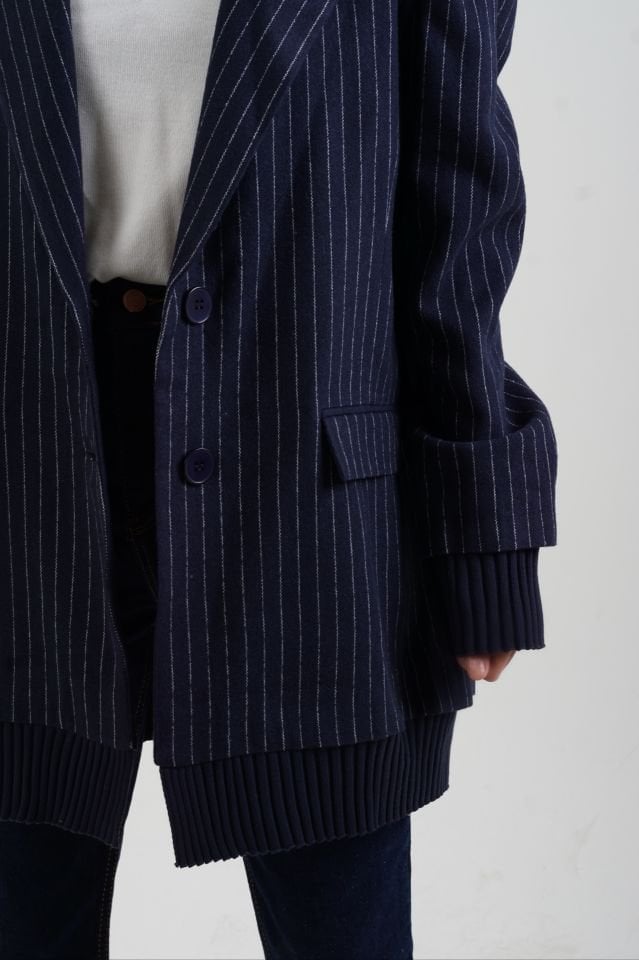 Lacivert Triko Detaylı Oversize Blazer Ceket