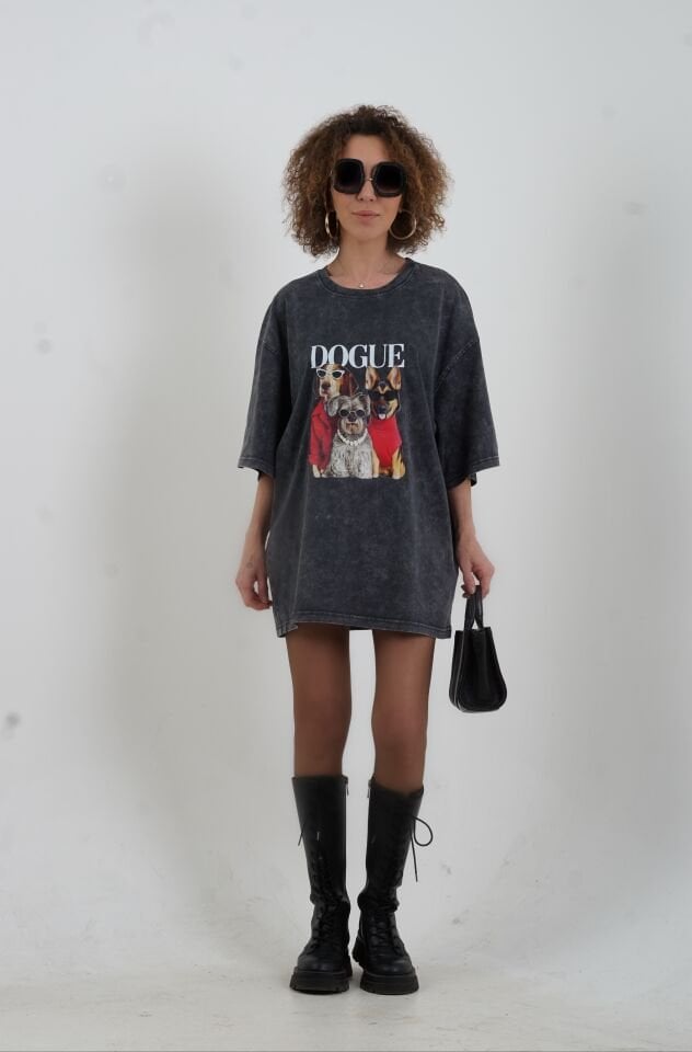 Antrasit Dogue Baskılı Soluk Efektli Oversize Tshirt