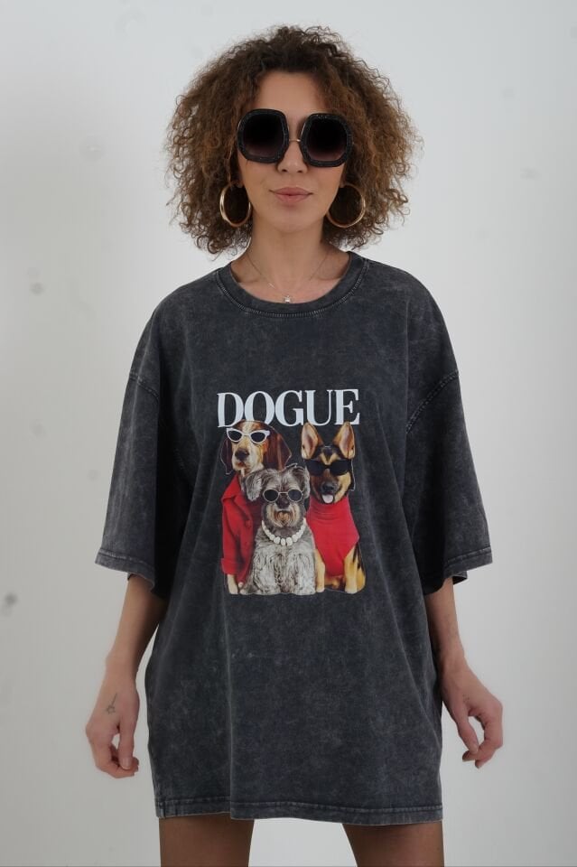 Antrasit Dogue Baskılı Soluk Efektli Oversize Tshirt