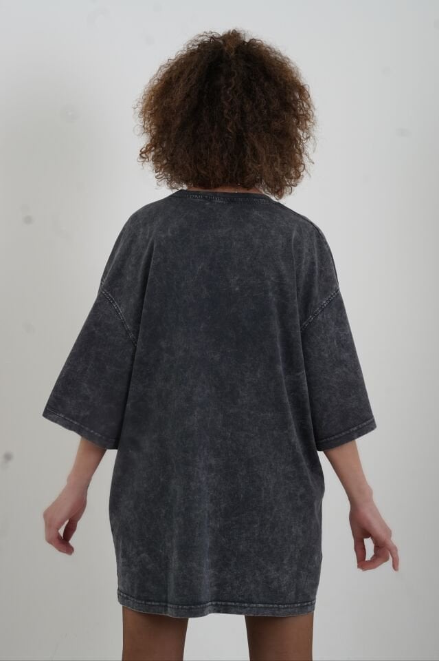 Antrasit Dogue Baskılı Soluk Efektli Oversize Tshirt
