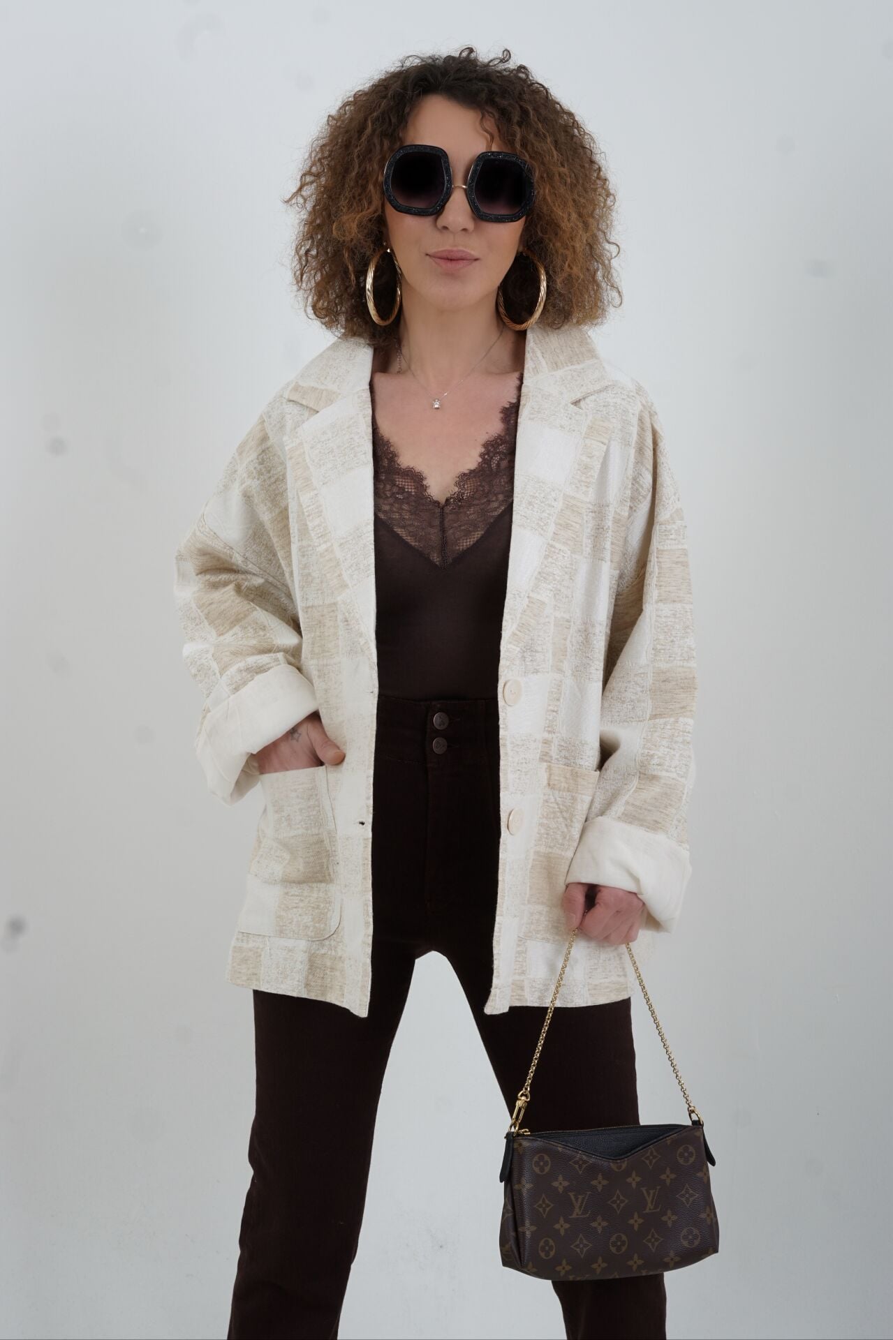 Bej Kendinden Kareli Erkek Yaka İthal Ceket