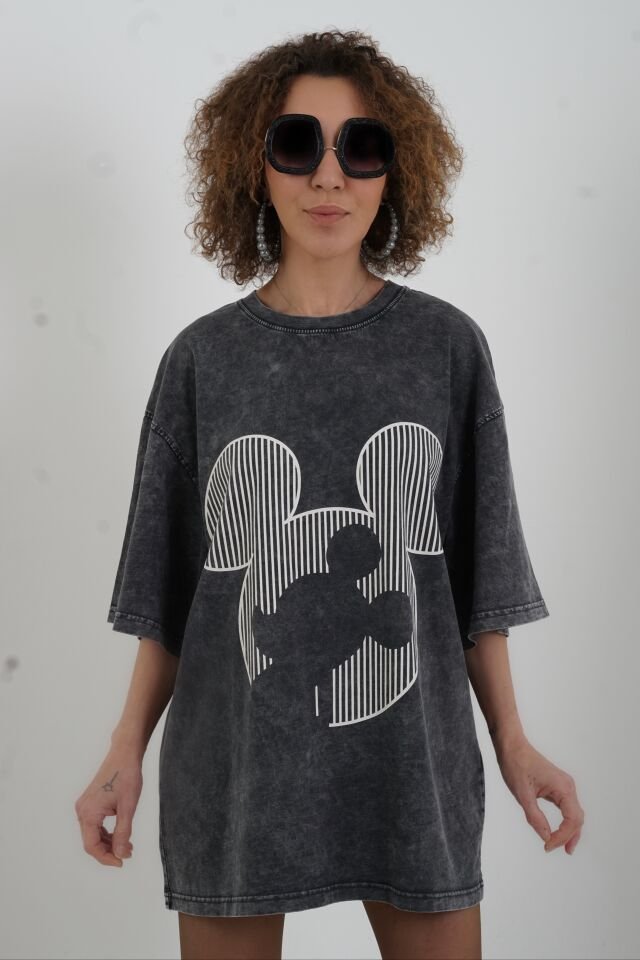 Antrasit Çizgi Karakter Baskılı Soluk Efektli Oversize Tshirt