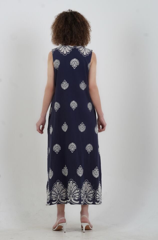 Lacivert Çiçek Nakışlı İthal Keten Elbise