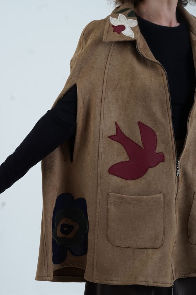 Deri Aplike Suni Güderi Pelerin