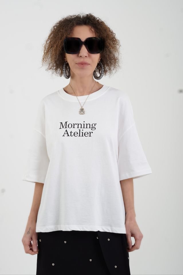 Ekru Morning Baskılı Oversize Tshirt