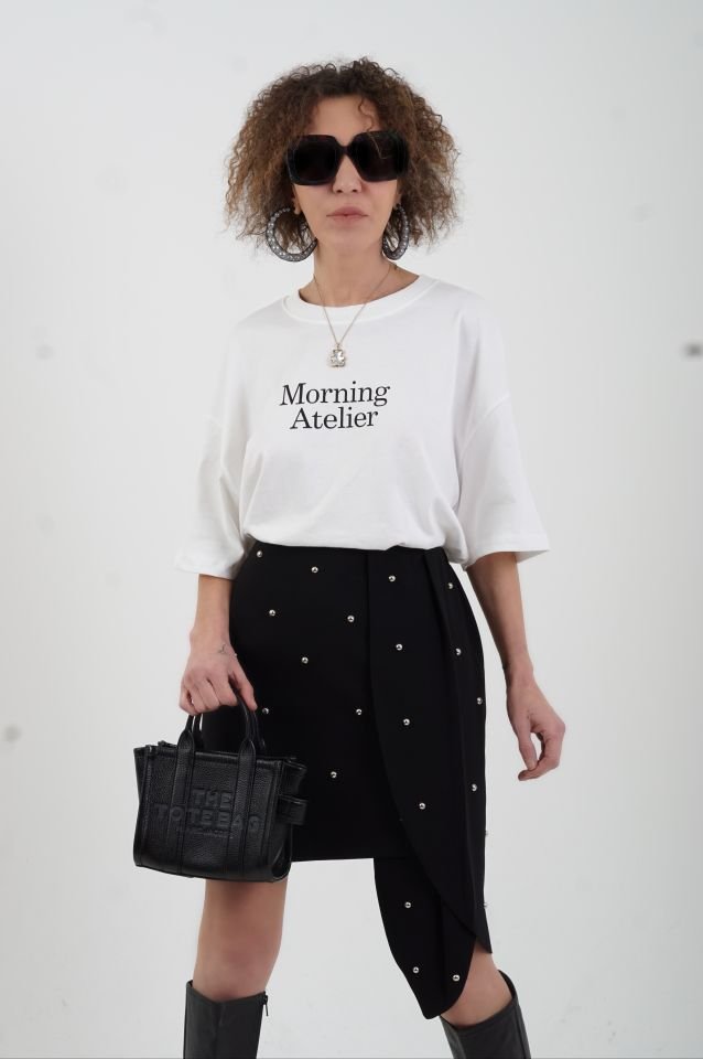 Ekru Morning Baskılı Oversize Tshirt