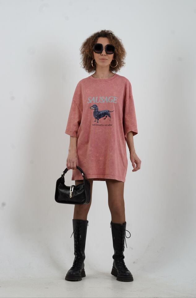 Kiremit Sausage Baskılı Soluk Efektli Oversize Tshirt