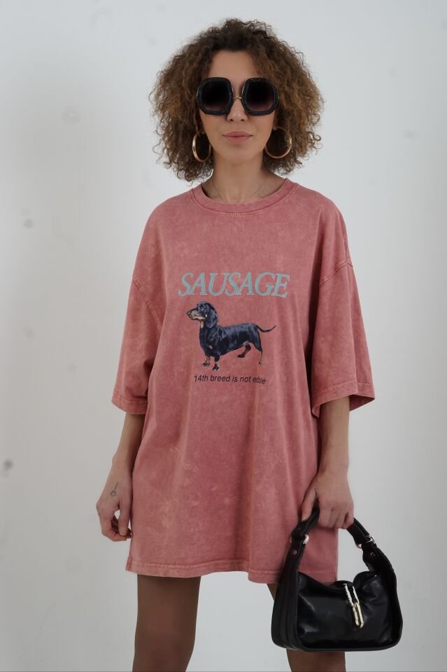 Kiremit Sausage Baskılı Soluk Efektli Oversize Tshirt