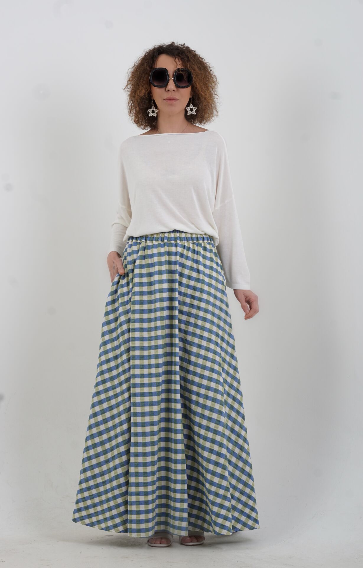 Haki Kare Desen Beli Lastikli İthal Etek